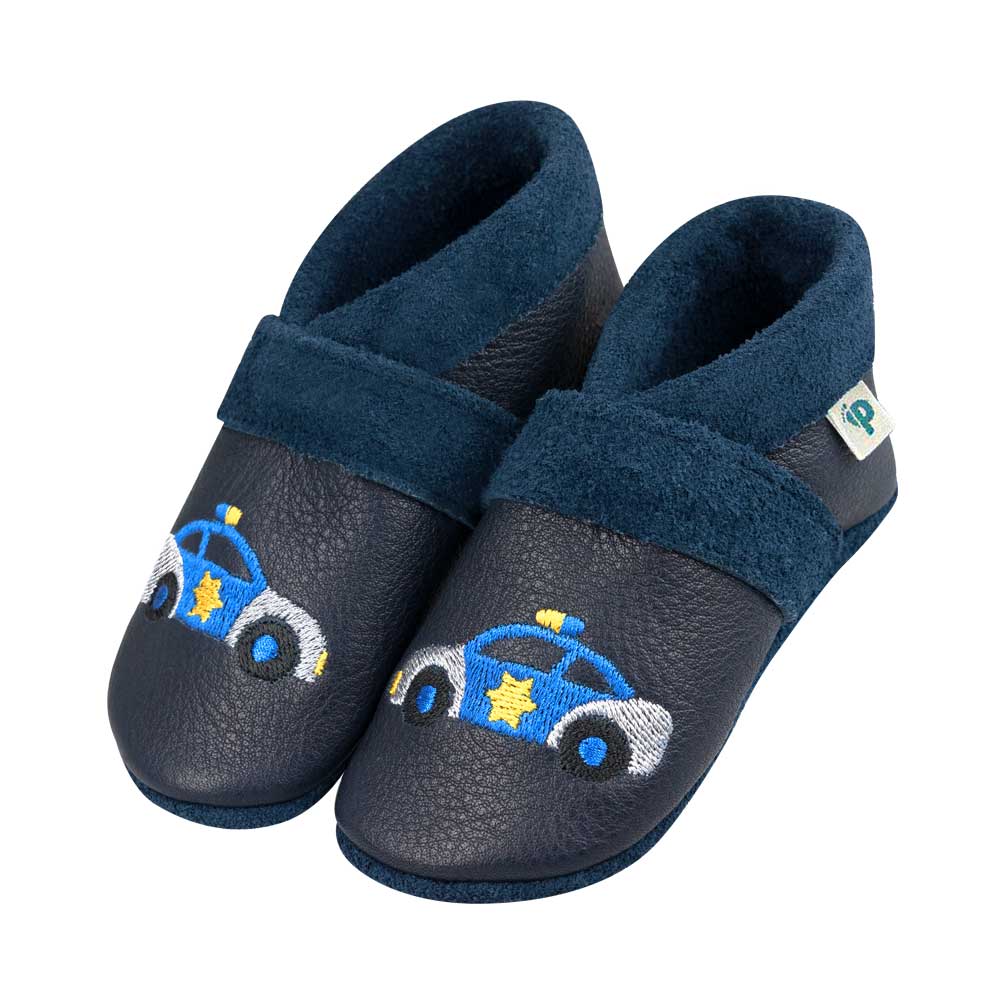 Polizeiauto - Barfußschuhe, Hausschuhe und Krabbelschuhe, IVN Naturleder zertifiziert
