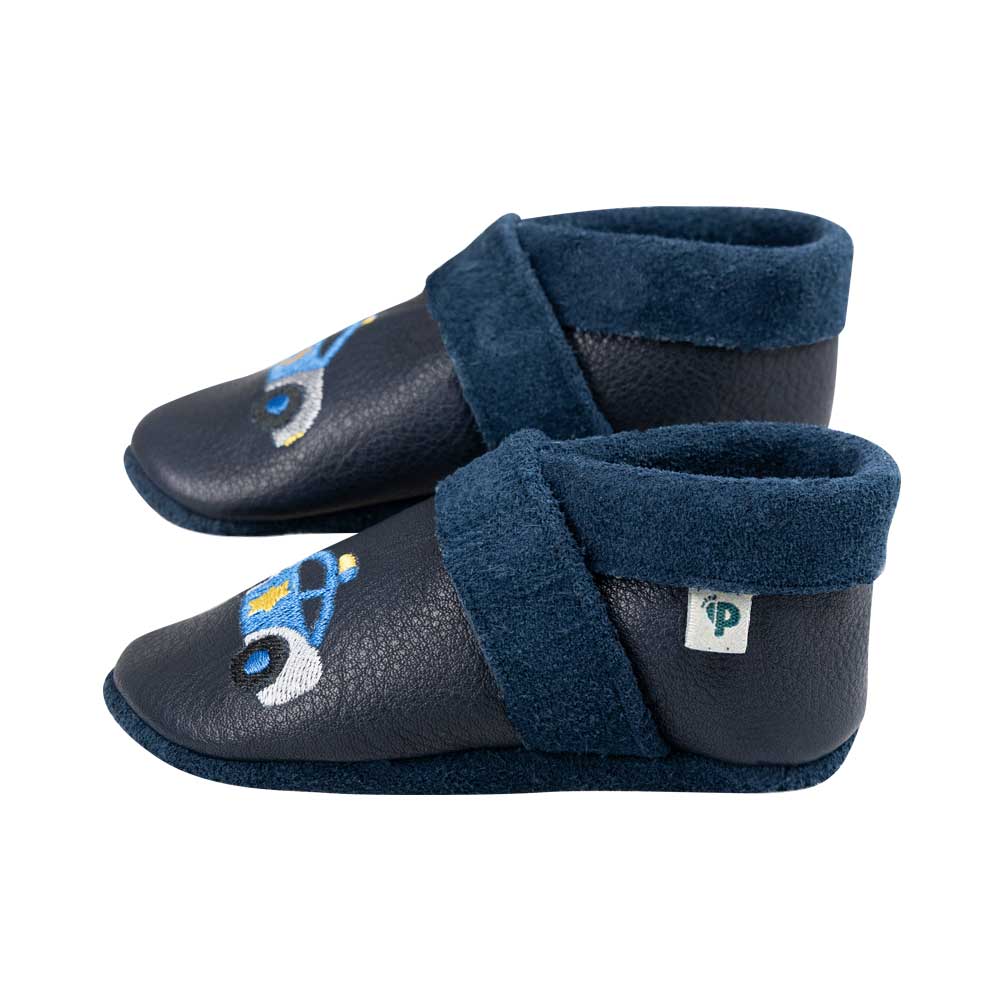 Polizeiauto - Barfußschuhe, Hausschuhe und Krabbelschuhe, IVN Naturleder zertifiziert