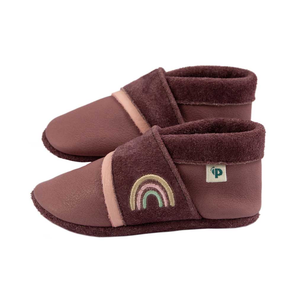 Luxor mit Linie Stickerei Regenbogen - Barfußschuhe, Hausschuhe und Krabbelschuhe, IVN Naturleder zertifiziert