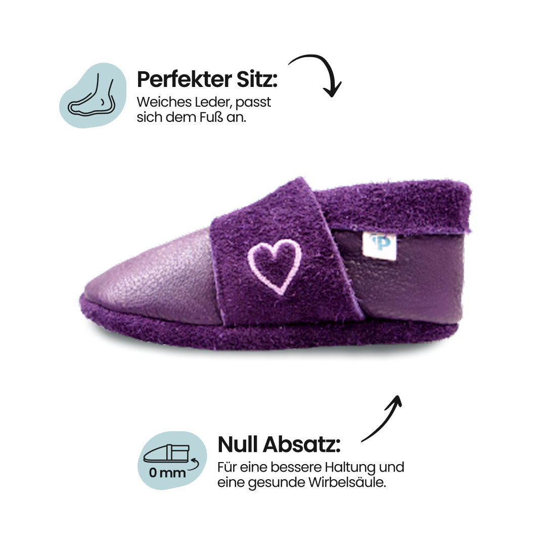 Luxor mit Herzstickerei - Barfußschuhe, Hausschuhe und Krabbelschuhe, IVN Naturleder zertifiziert
