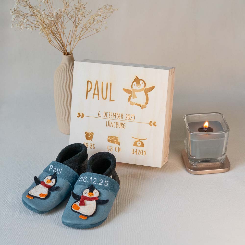 Geschenkset Geburt mit Holzbox Pinguin